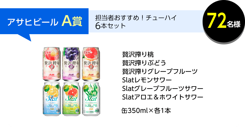 アサヒビール A賞 72名様 担当者おすすめ！チューハイ6本セット 贅沢搾り桃 贅沢搾りぶどう 贅沢搾りグレープフルーツ Slatレモンサワー Slatグレープフルーツサワー Slatアロエ＆ホワイトサワー 缶350ml×各1本